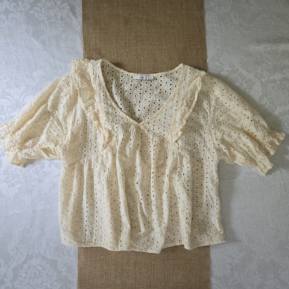 Lush Cream Yellow Eyelet Blouse Ruffles Puff Sleeves Size M Cottagecore Shoujo